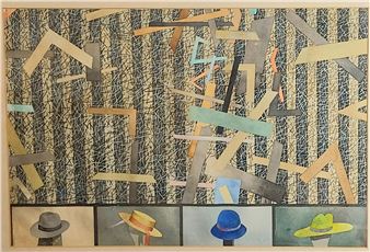 A mixed-media artwork featuring a chaotic abstract background with four distinct hat illustrations at the bottom.