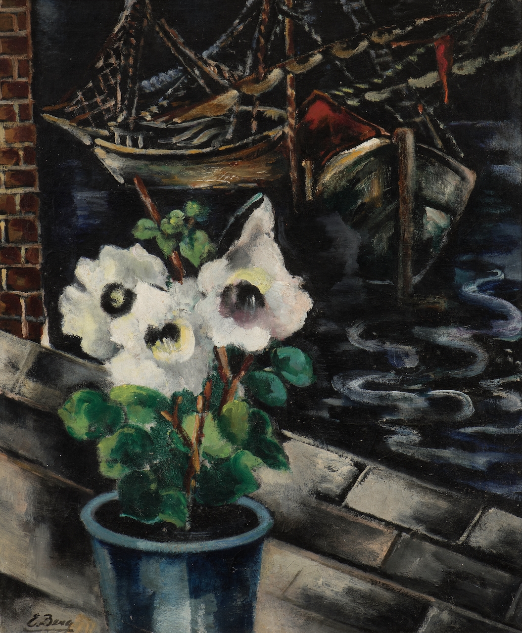 Else Berg | Still life with gloxinia and ships in the background, c ...