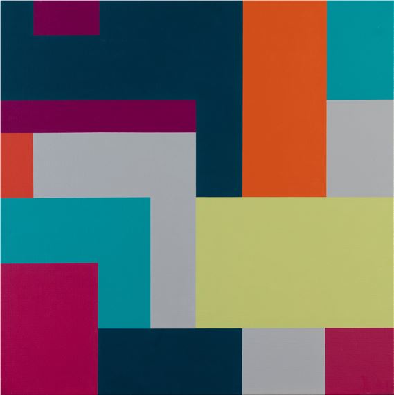 A colorful abstract composition of overlapping geometric rectangles in bold, flat colors.