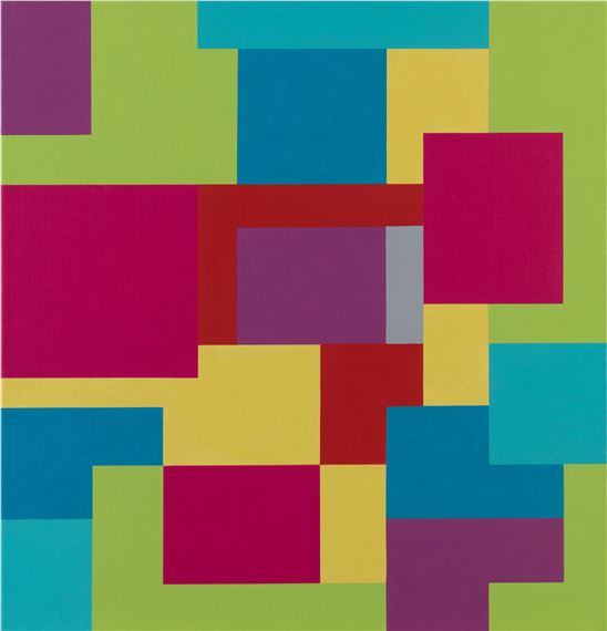 A vibrant abstract composition of overlapping geometric shapes in bold primary and secondary colors.