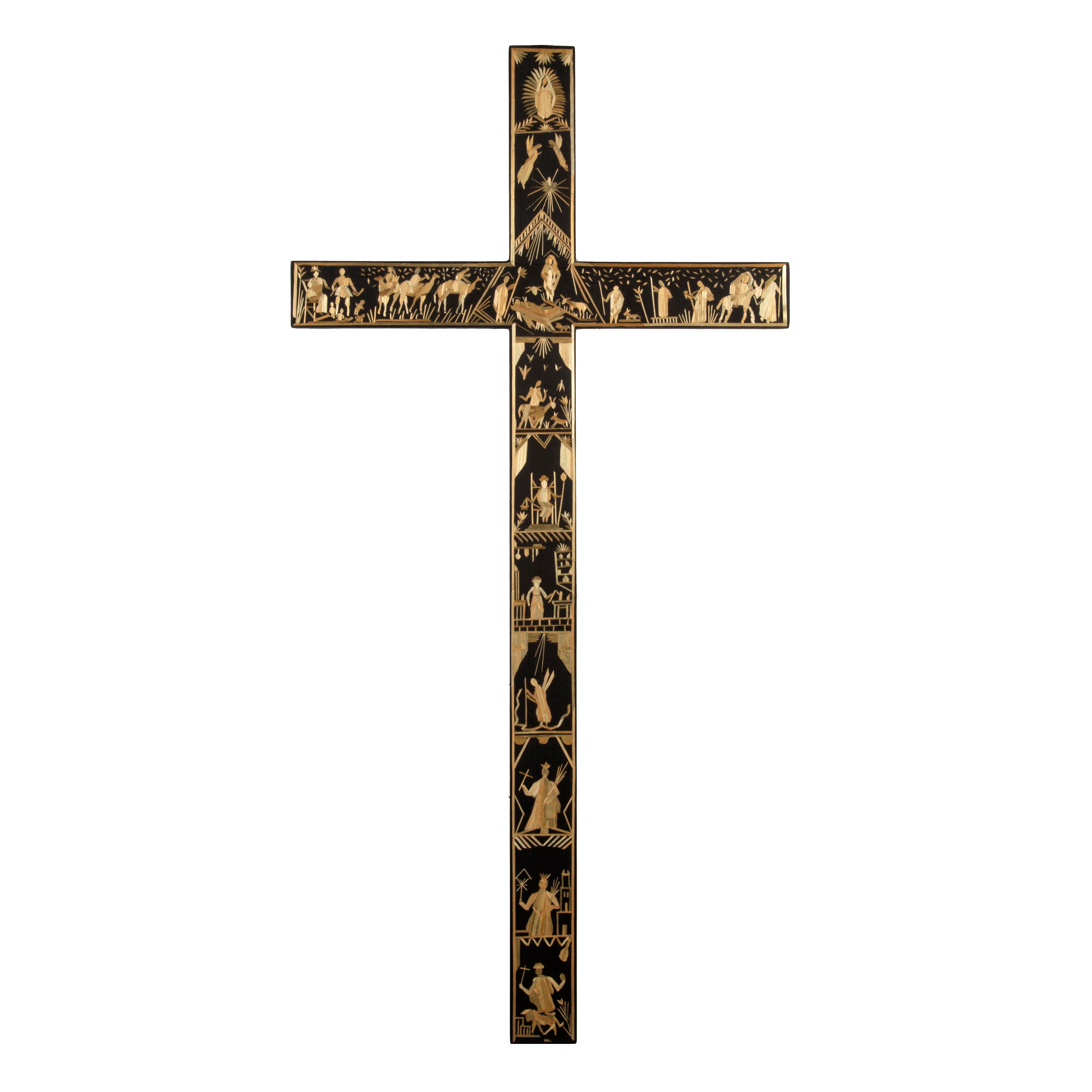 Artwork by Paula Rodriguez, Straw Appliqué Nativity Scene Cross, Made of straw appliqué, wood, pigments