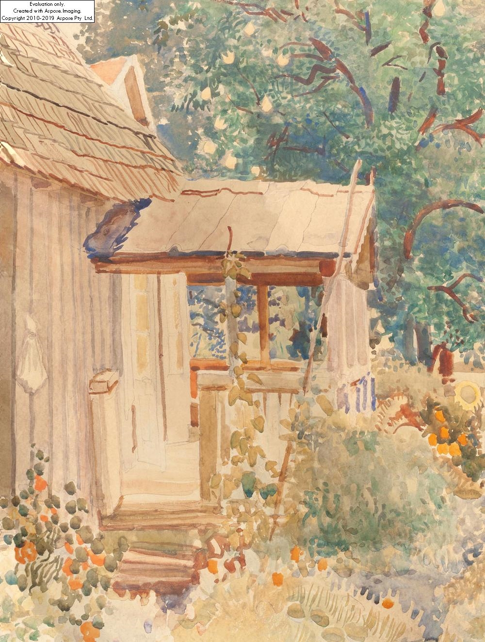 Artwork by Stanisław Masłowski, Landscape from Wola Rafałowska ("Cottage under the pear tree"), Made of watercolour / cardboard