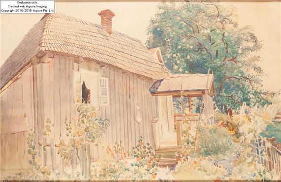 Landscape from Wola Rafałowska ("Cottage under the pear tree") by Stanisław Masłowski, 1917