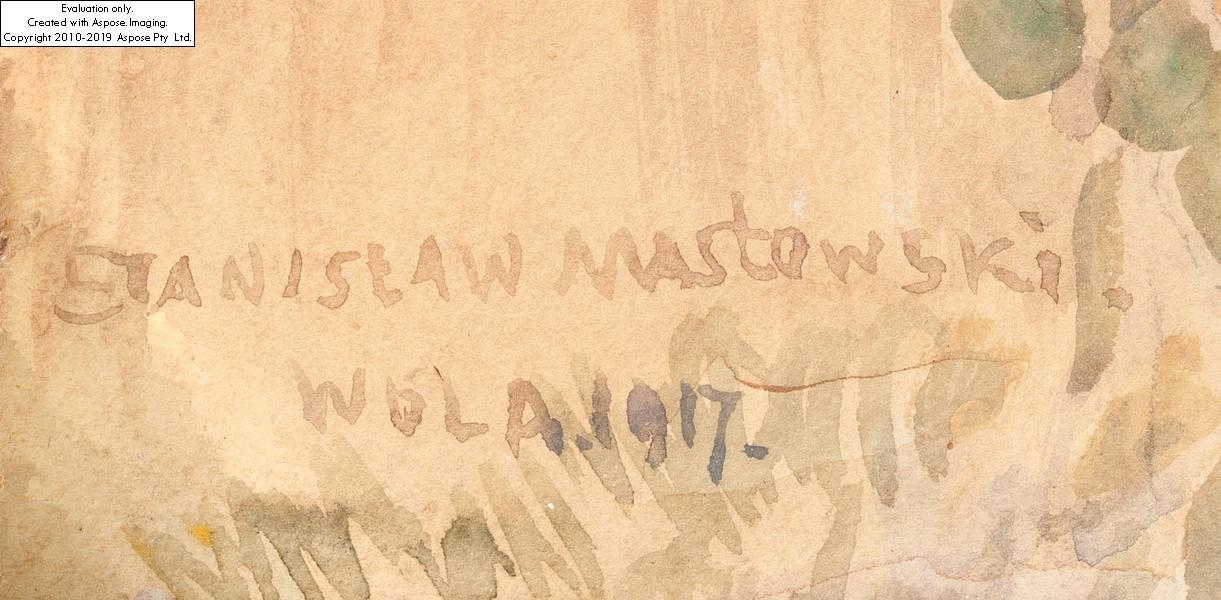 Artwork by Stanisław Masłowski, Landscape from Wola Rafałowska ("Cottage under the pear tree"), Made of watercolour / cardboard