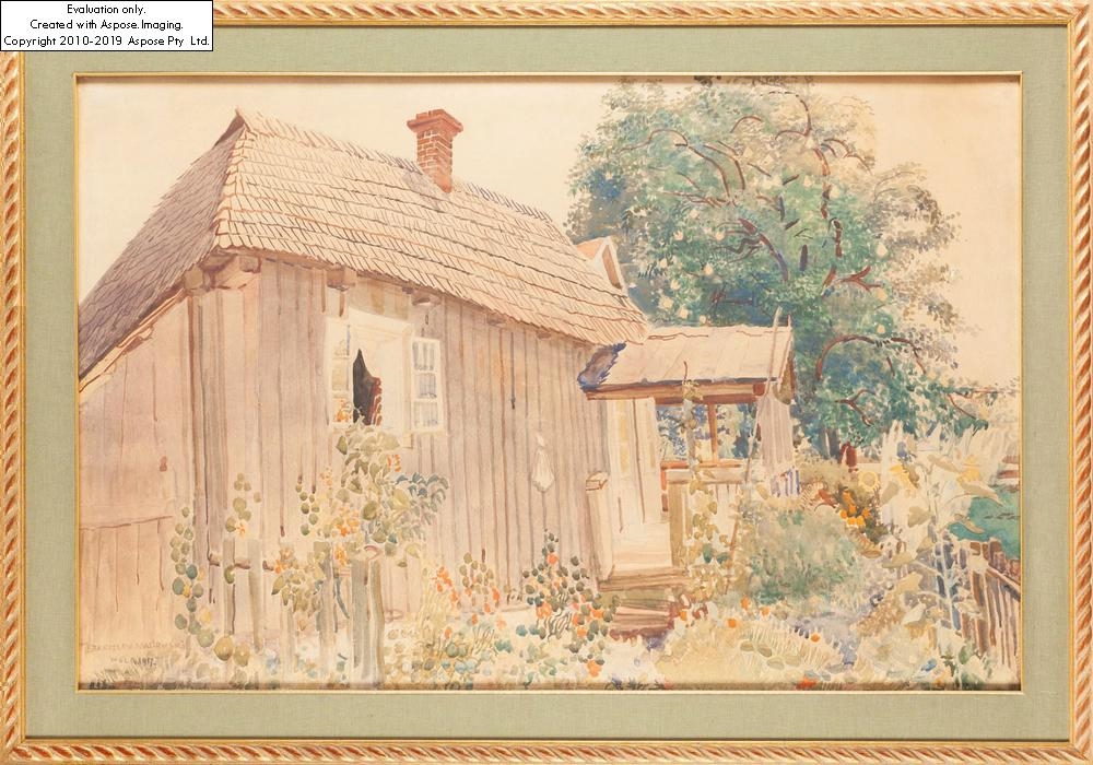 Artwork by Stanisław Masłowski, Landscape from Wola Rafałowska ("Cottage under the pear tree"), Made of watercolour / cardboard