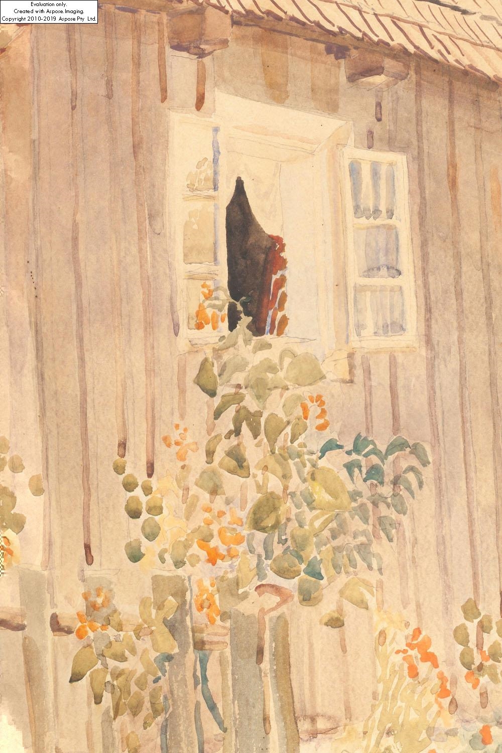 Artwork by Stanisław Masłowski, Landscape from Wola Rafałowska ("Cottage under the pear tree"), Made of watercolour / cardboard