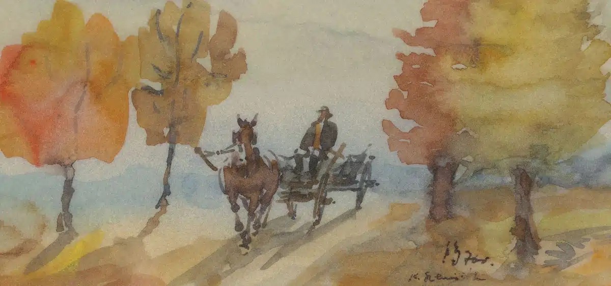 Artwork by Kazimierz Szemioth, FURMANKA JESIENIĄ, Made of Akwarela, papier