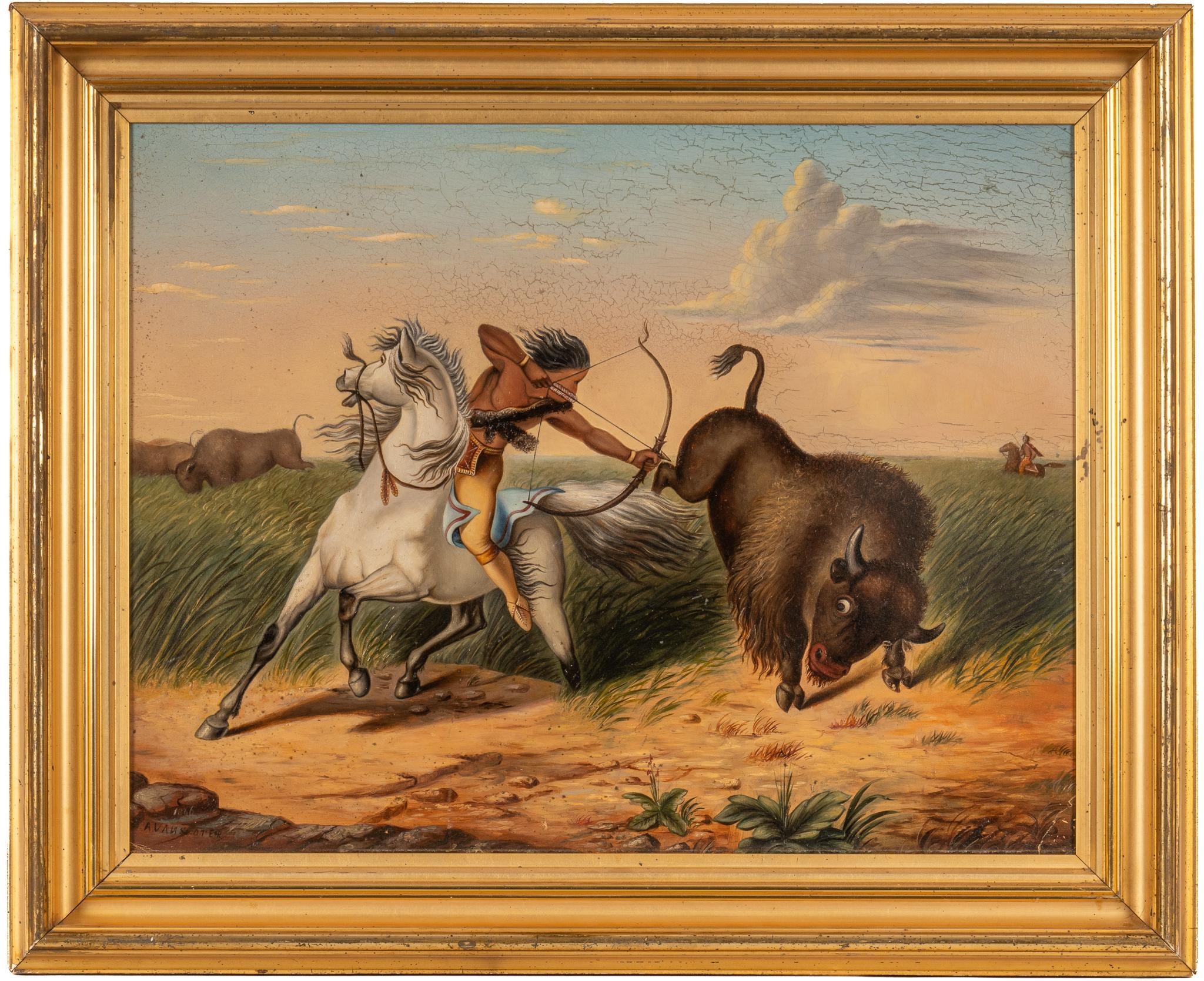 A. van Sloter | Buffalo hunt scene with Native American on horseback ...