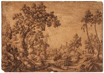 A wooded landscape with a village beyond - Ercole Bazzicaluva