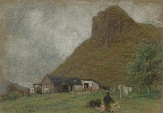 A moody landscape featuring a stone cottage, a towering hill, and a solitary figure with an animal in the foreground.