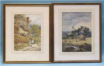 FIGURE AND CHICKENS OUTSIDE A COTTAGE - Edward Swan