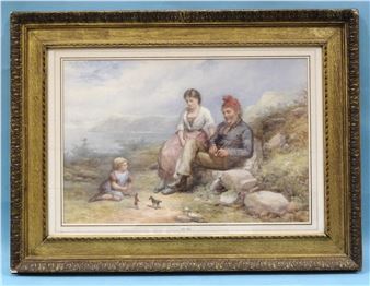 FIGURES AND A CHILD RESTING ON A COASTAL PATH - Henry Whatley