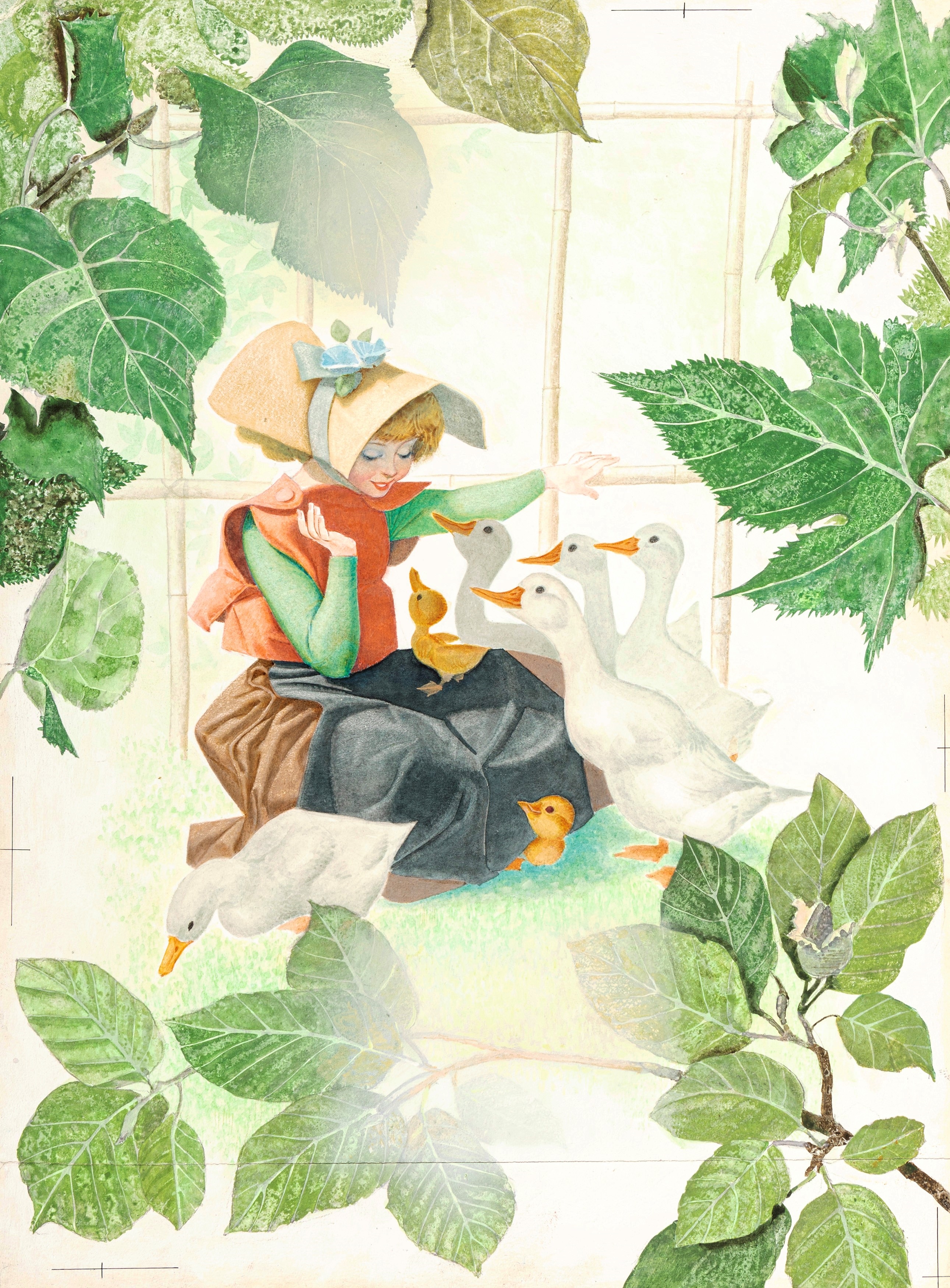 Artwork by Ugo Fontana, The little goose keeper, Made of pastels, tempera and watercolor on cardboard