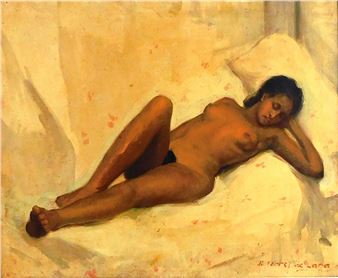Nude Of African American Woman Reclining On Slightly Abstracted Floral Bedspread - Raoul Torres de Lara