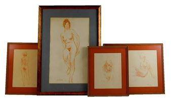 A collection of four framed charcoal and pastel drawings depicting nude figures in various poses.