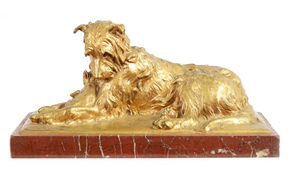 SCULPTURE OF A RECUMBENT DOG WITH CAT by Charles Paillet, LATE 19TH CENTURY