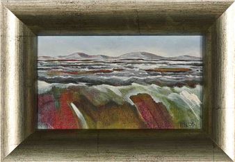 A textured landscape painting of a rugged, colorful terrain under a muted sky.