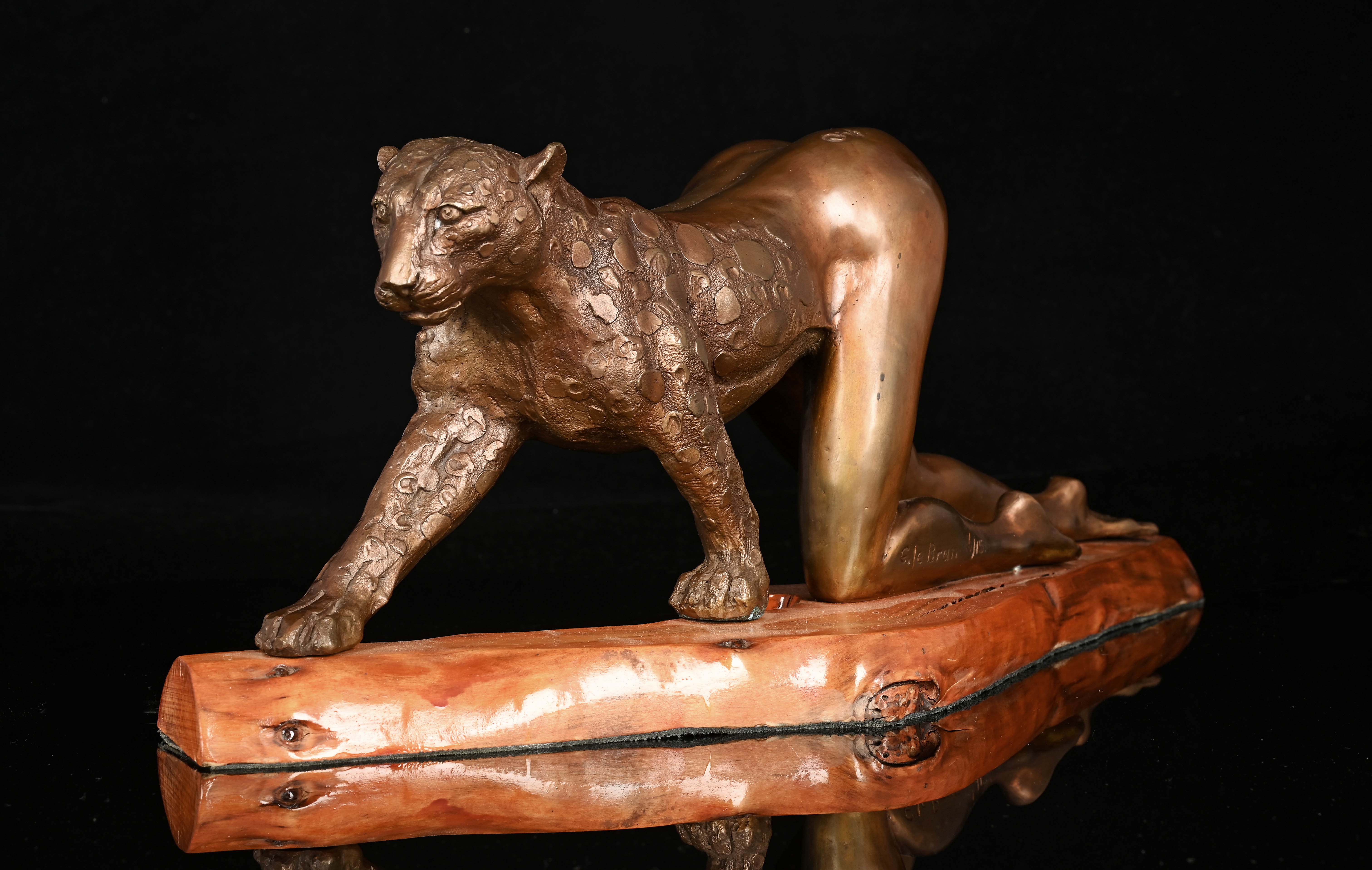 Artwork by Gile Brun, Anthropomorphic Woman Leopard, Made of bronze cast mounted on a wooden base