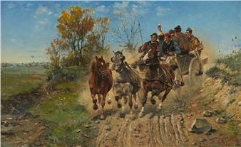 A group of jovial group of individuals riding wildly in their wagon through the countryside - Lajos Kubanyi