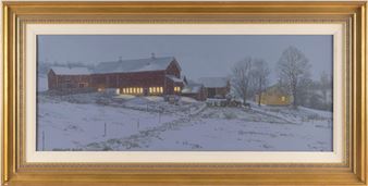 Snow falling on a Vermont farmstead. - Sturman