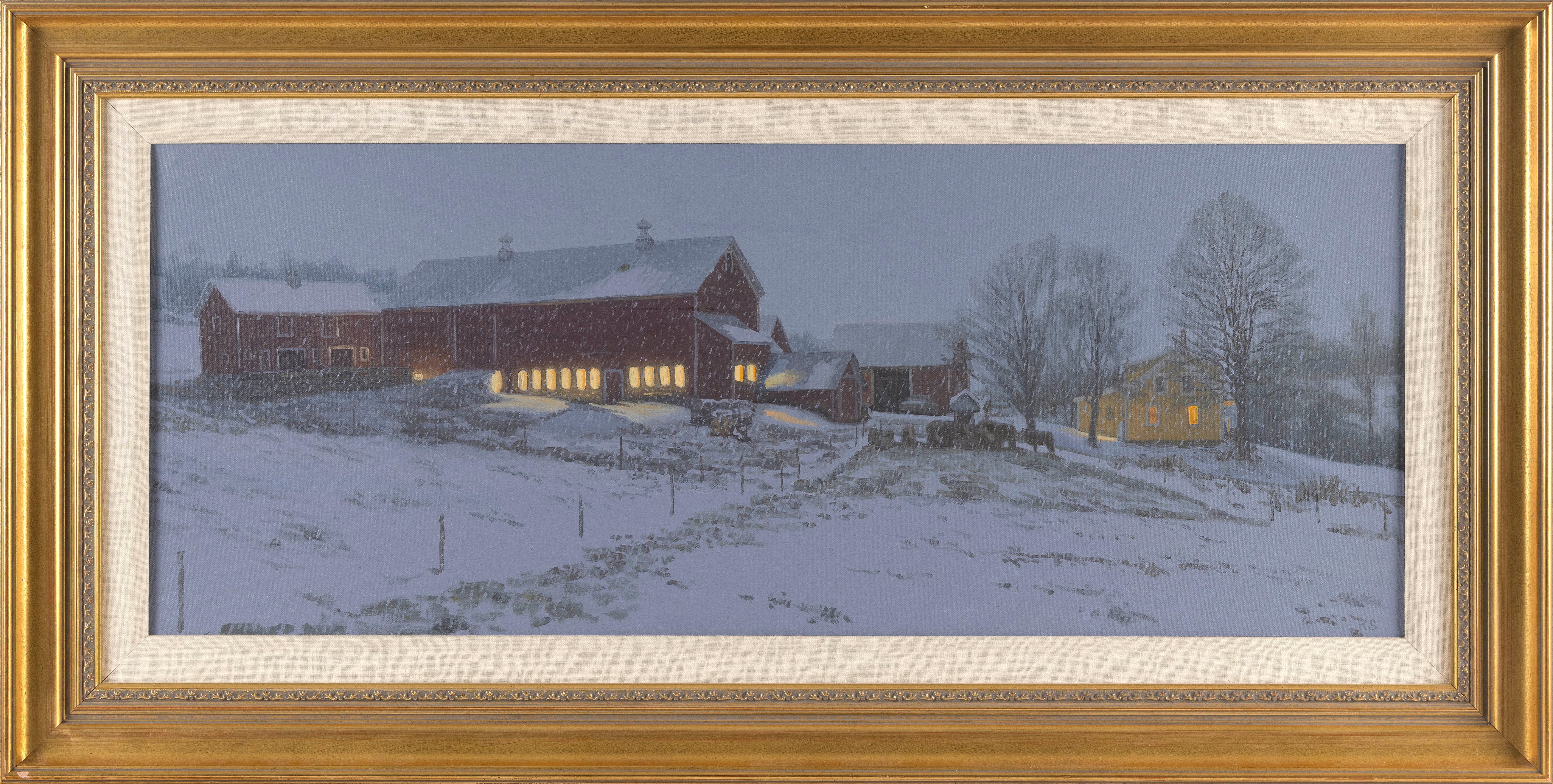 Artwork by Sturman, Snow falling on a Vermont farmstead., Made of Oil on canvas