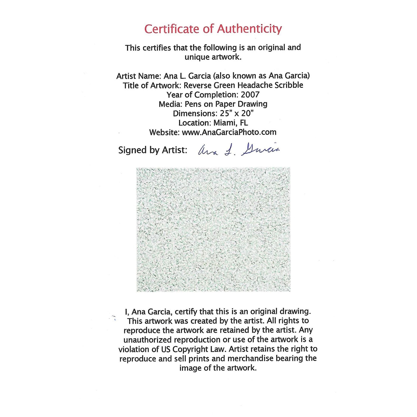 Artwork by Ana Garcia, Reverse Green Headache Scribble, Made of Green and black ink