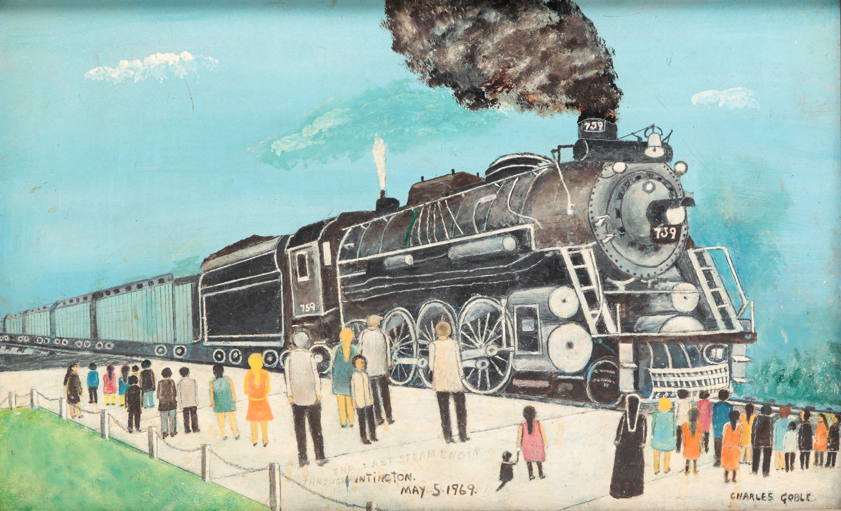 Artwork by Charles Goble, The Last Steam Engin (sic.) Through Huntington (W. Va.) May 5.1969., Made of OIL ON BOARD