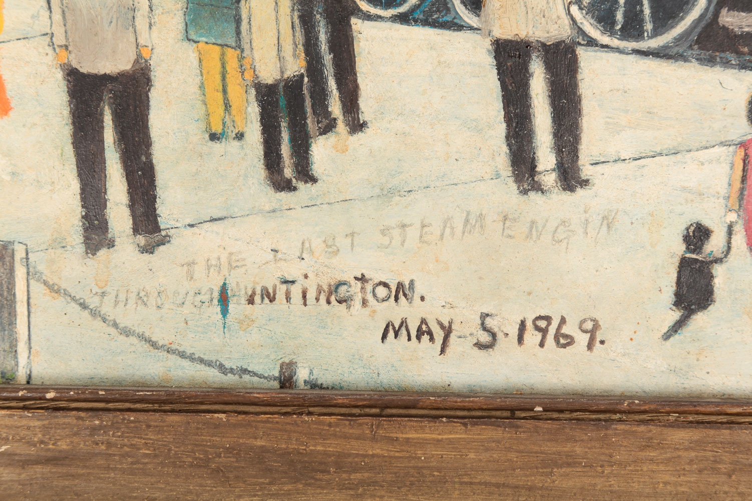 Artwork by Charles Goble, The Last Steam Engin (sic.) Through Huntington (W. Va.) May 5.1969., Made of OIL ON BOARD