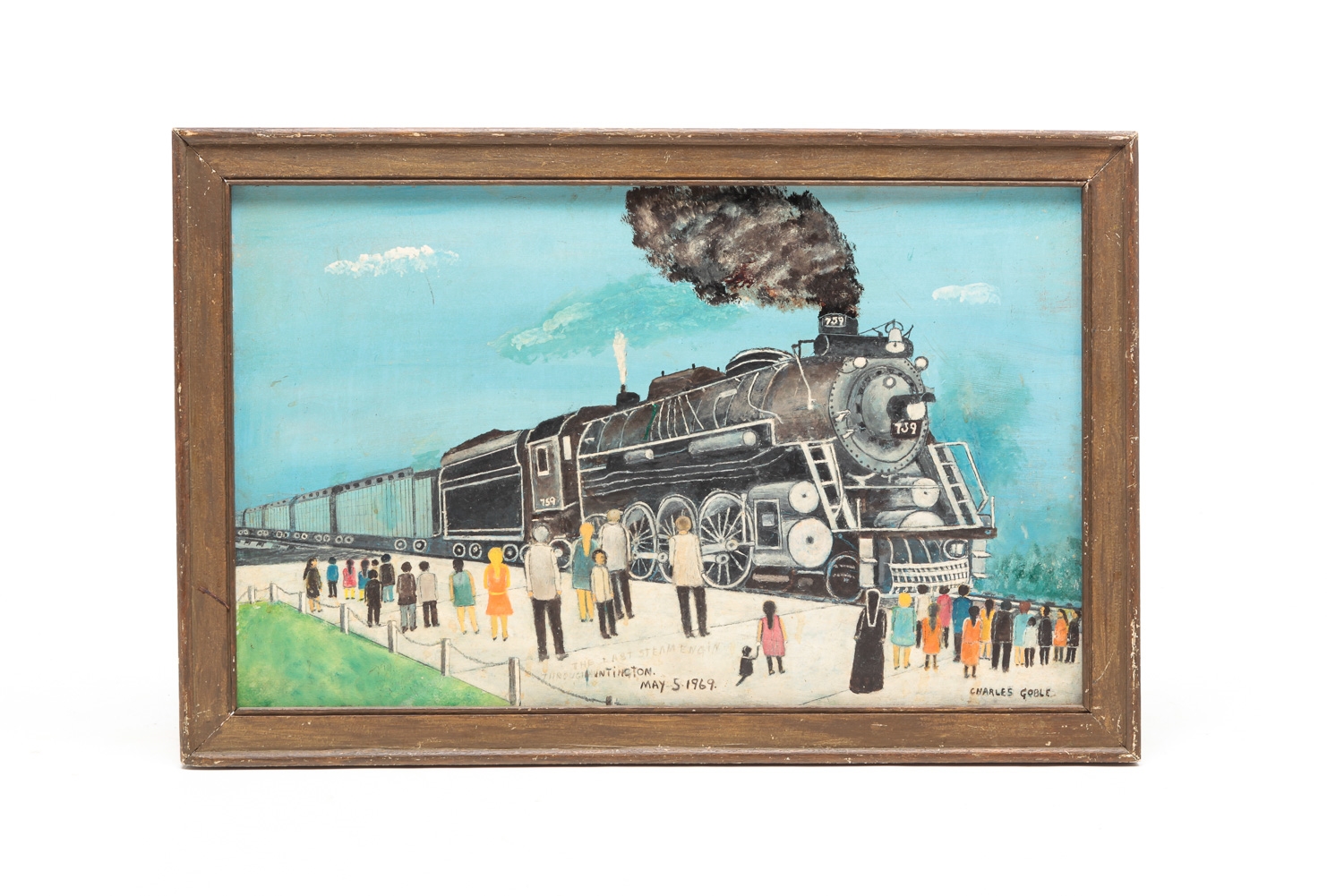 Artwork by Charles Goble, The Last Steam Engin (sic.) Through Huntington (W. Va.) May 5.1969., Made of OIL ON BOARD