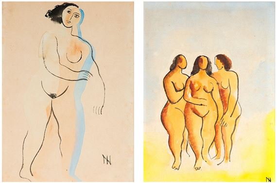 A diptych of stylized nude figures rendered in loose, expressive lines.