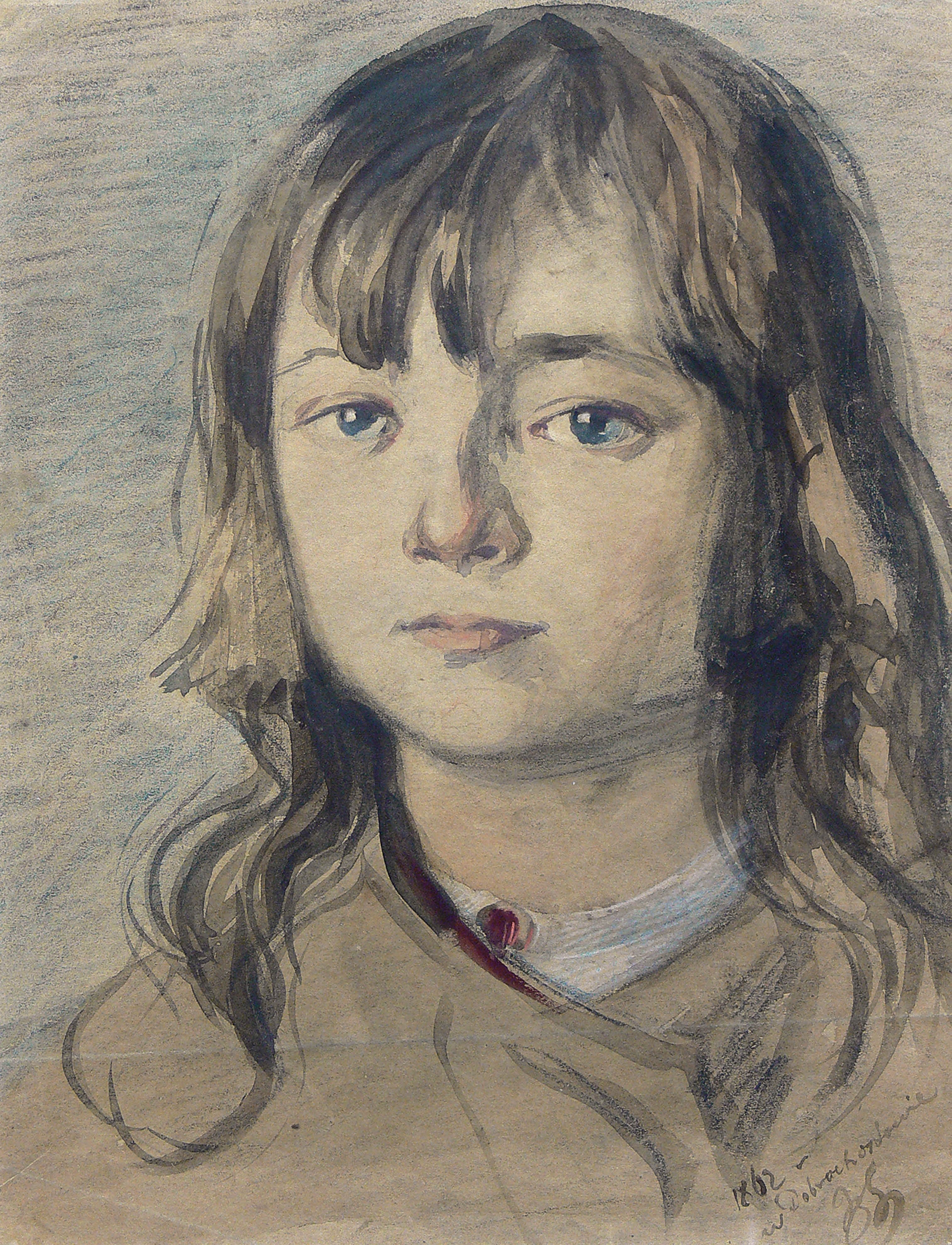 Artwork by Andrzej Grabowski, Portret mężczyzny z fajką; Portret chłopca, Made of pencil, crayon, paper; crayon, watercolor, lava ink, paper,