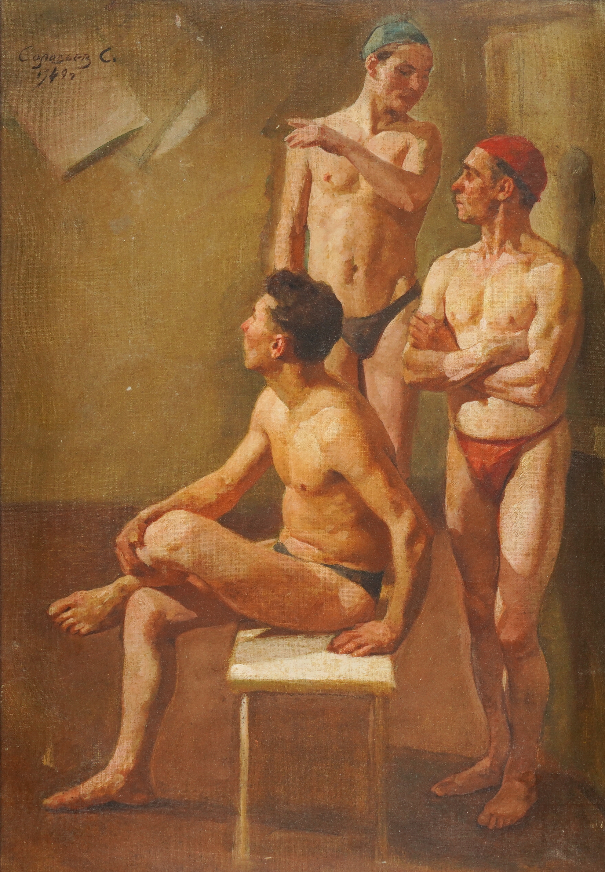 Artwork by C. Casabeer, Male swimmers, Made of oil on canvas