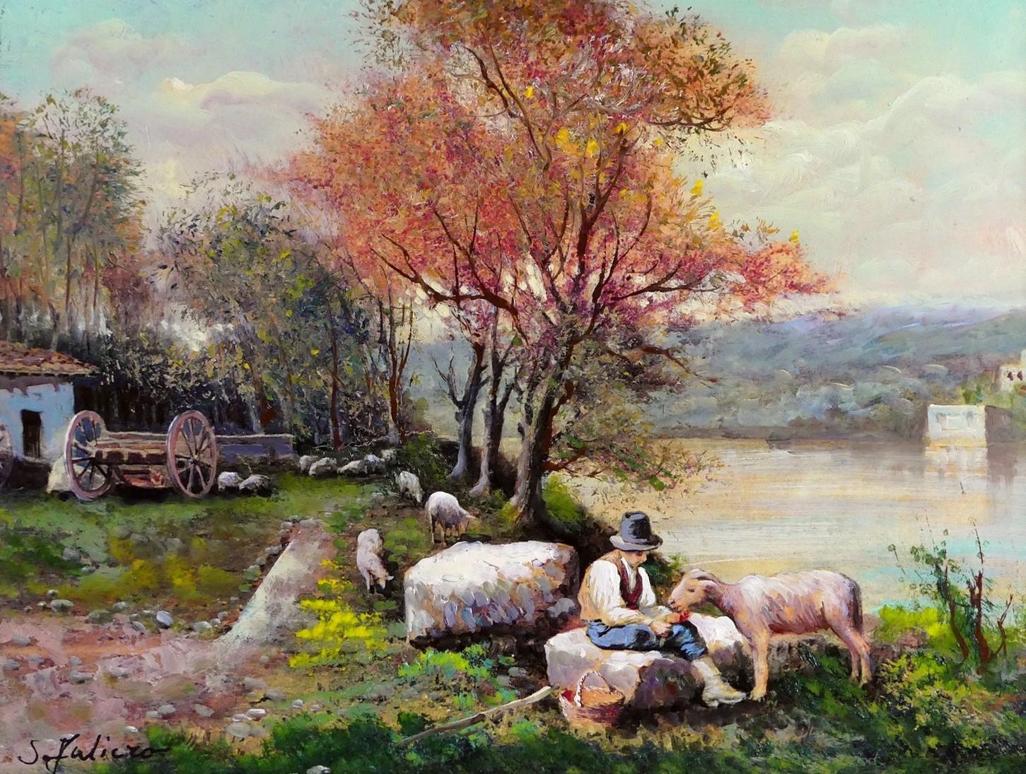 Artwork by Salvatore Faliero, A rural scene in Milan, Made of oil on panel