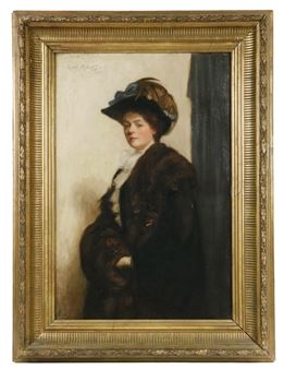 A formal portrait of a woman in dark fur and a hat, framed in ornate gold.