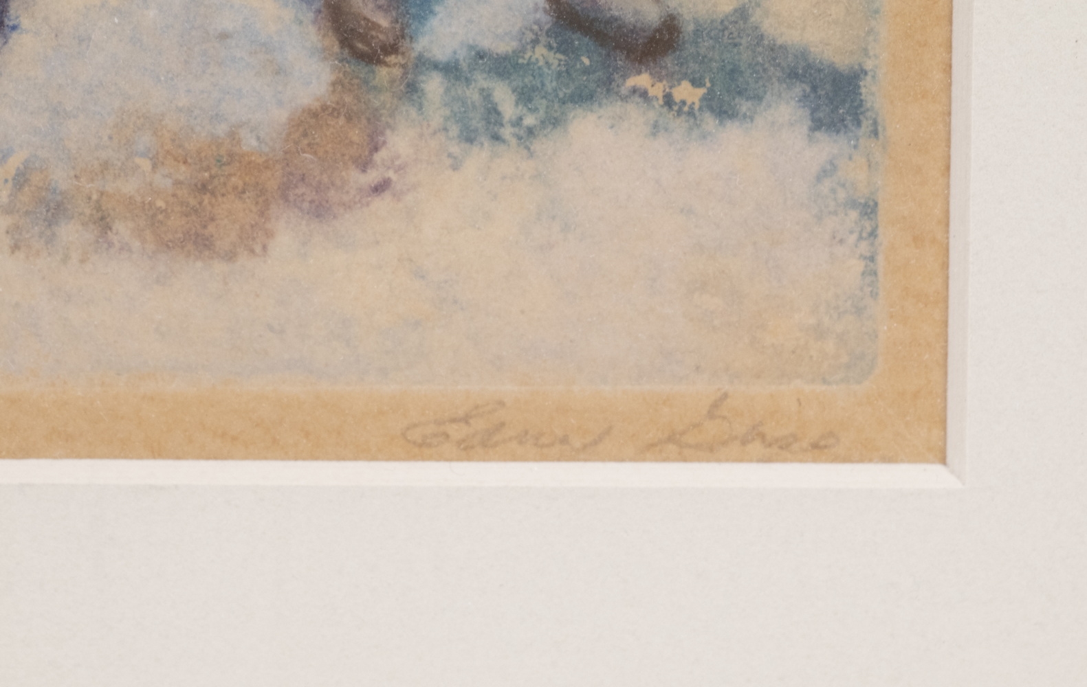 A framed watercolor painting of a seated figure holding an umbrella over another figure.