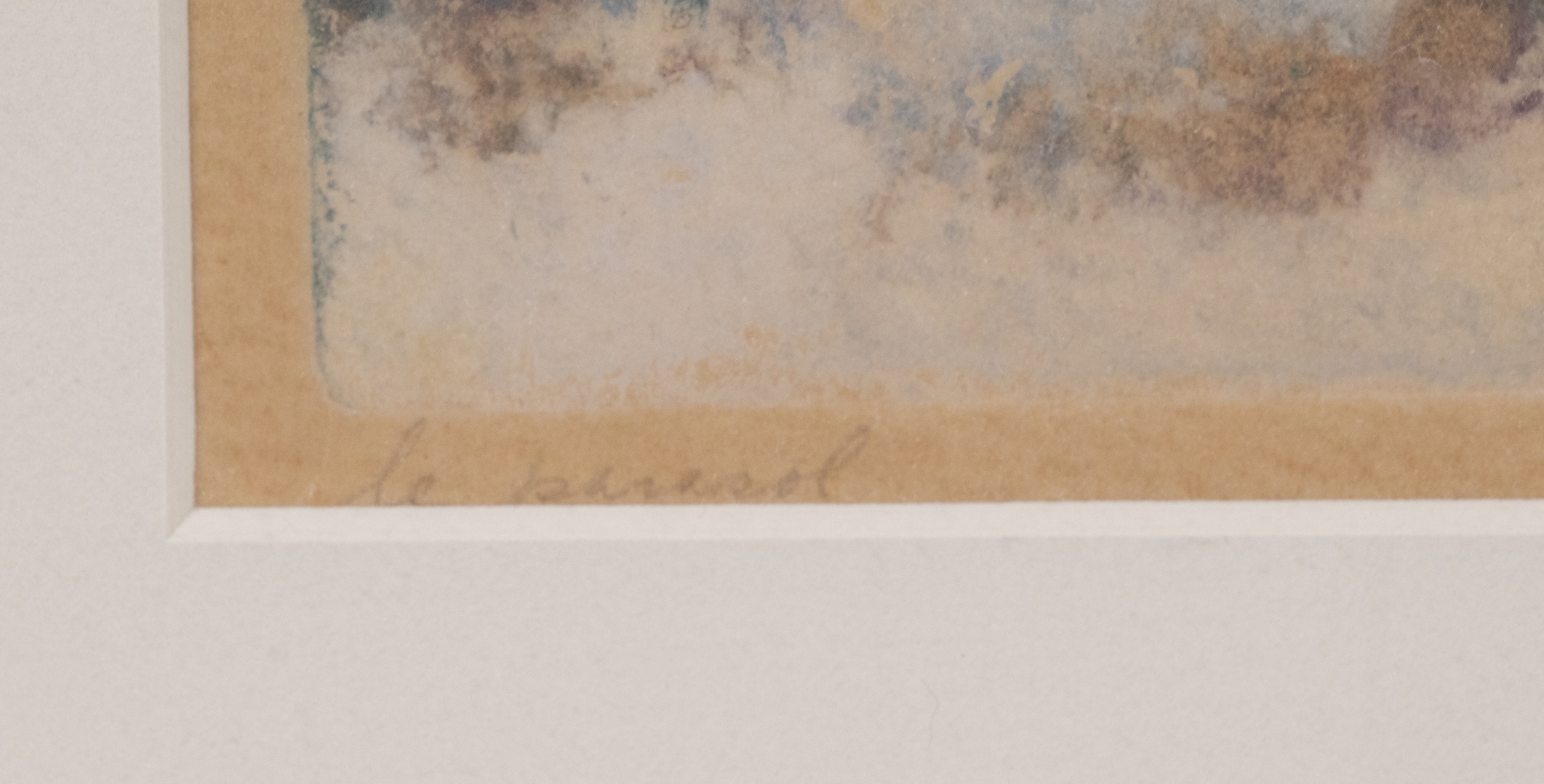 A framed watercolor painting of a seated figure holding an umbrella over another figure.