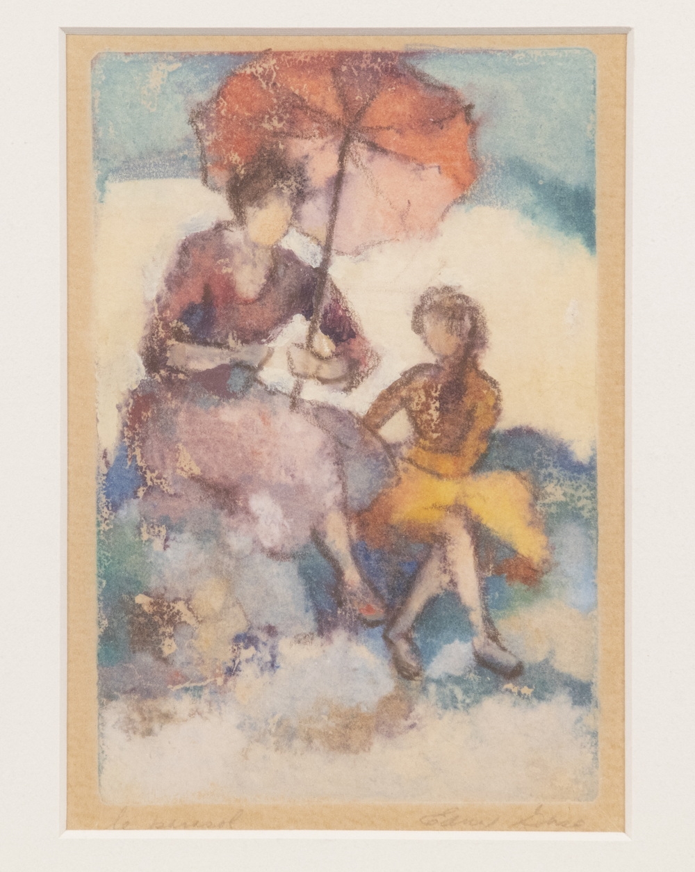 A framed watercolor painting of a seated figure holding an umbrella over another figure.