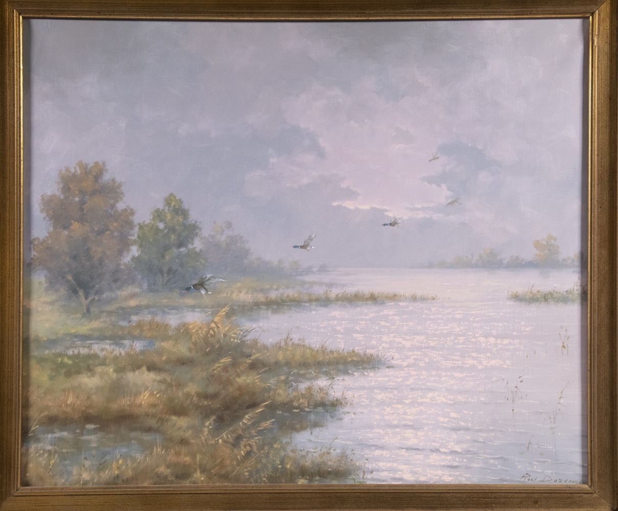 Artwork by Roelof Dozeman, Mallards Take Flight over Glistening Water", Made of oil on canvas
