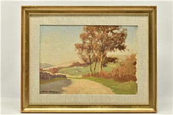 A LANDSCAPE VIEW ALONG A PATH WITH TREES, signed bottom left, oil on board, approximate size 24cm x 34cm, Condition Report: the painting is in good condition, some paint loss to the frame (artist resale rights apply) - John A. Haggis