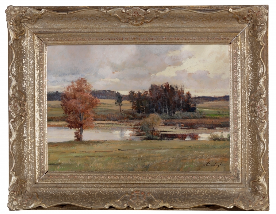 Artwork by Josef Procházka, Landscape with a Pond (from Posázaví), Made of oil on cardboard