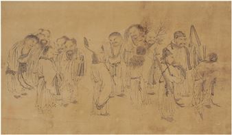 A group of robed figures in a sketch-like gathering, rendered in monochrome ink on aged paper.