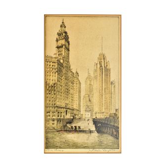 A sepia-toned cityscape print featuring a bridge over water with towering buildings in the background.