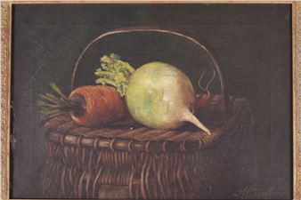 Carrot and turnip atop a wicker hamper - Alfred Mortimer