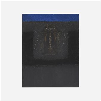 A dark, abstract painting featuring a central textured figure against layered horizontal bands of deep blue and charcoal gray.