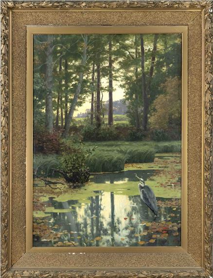Large woodland with pond and heron - Hermann Hirsch