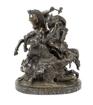 imposing group of figures of a horse fight - Guillaume Denière