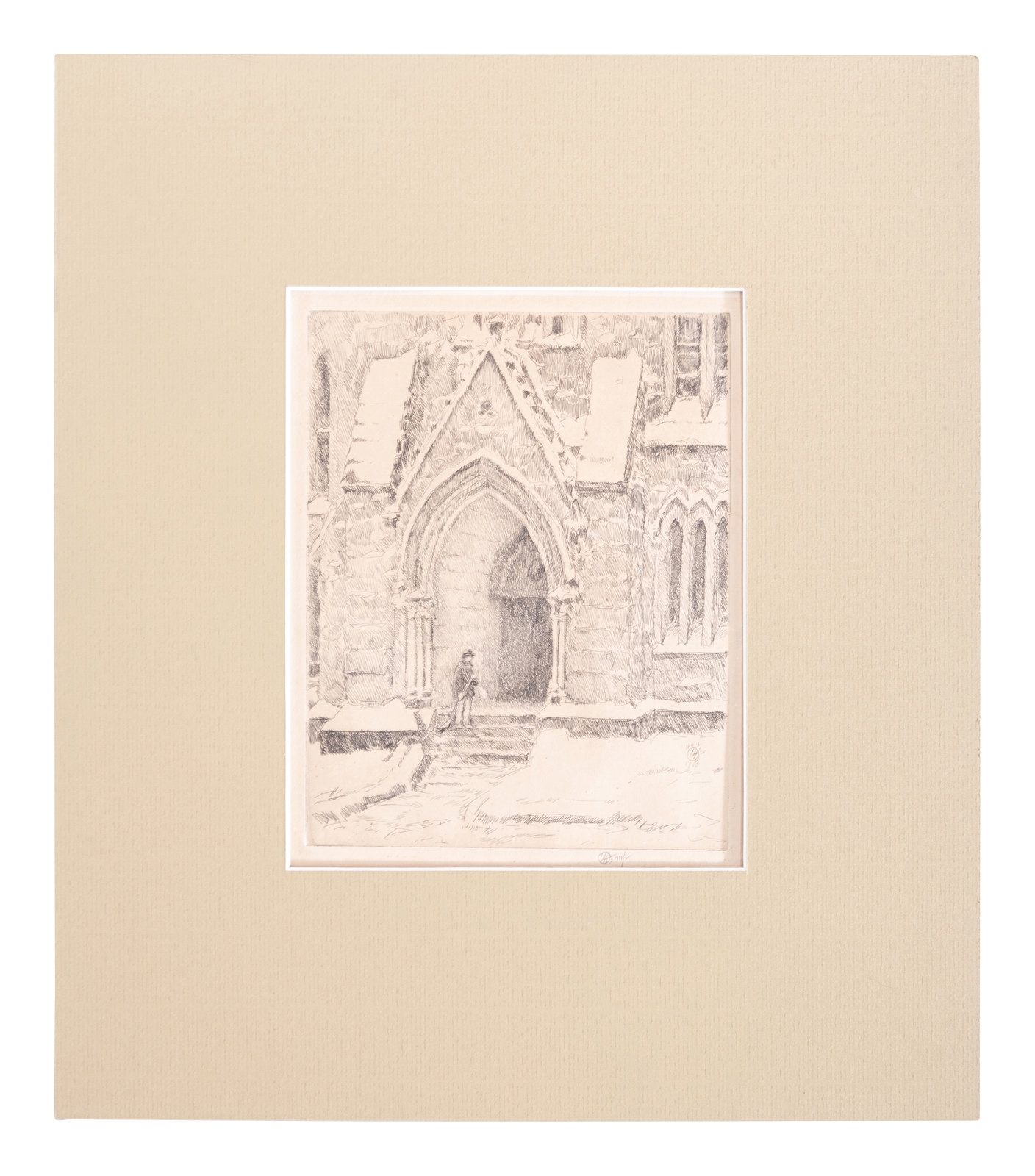 Artwork by Childe Hassam, Church Doorway, Snow, Made of etching
