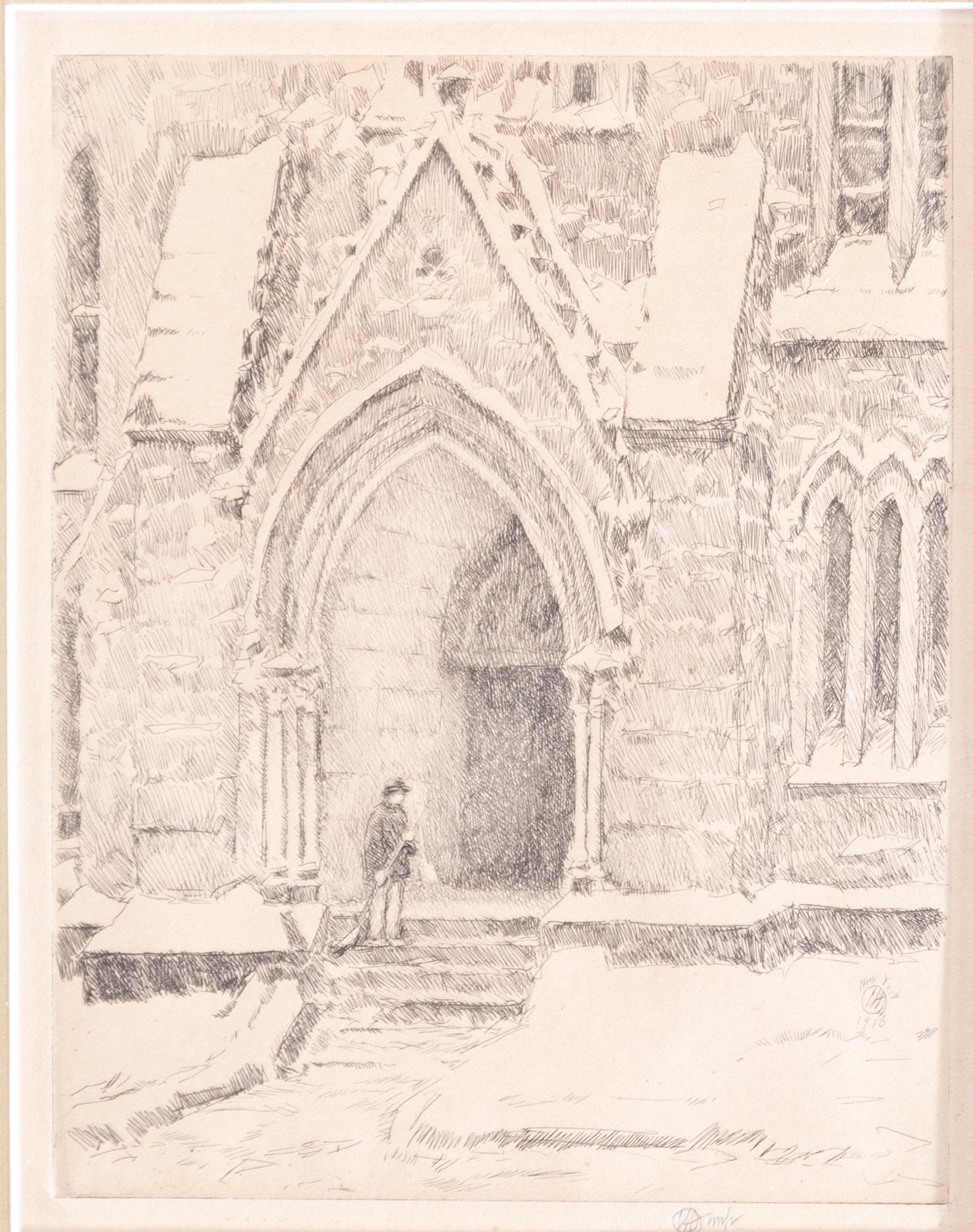 Artwork by Childe Hassam, Church Doorway, Snow, Made of etching