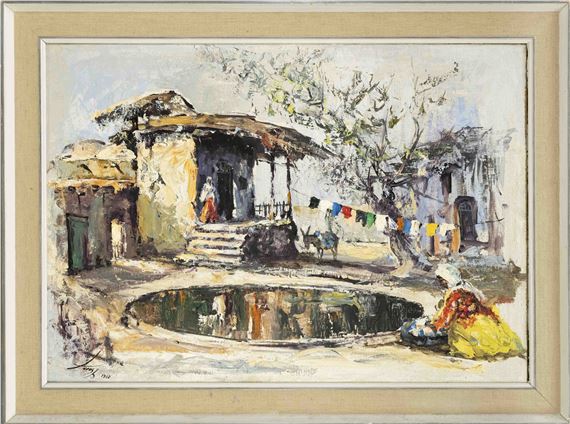 Laundress at an oriental village square by Anoush Rahnavardkar, dated 1960