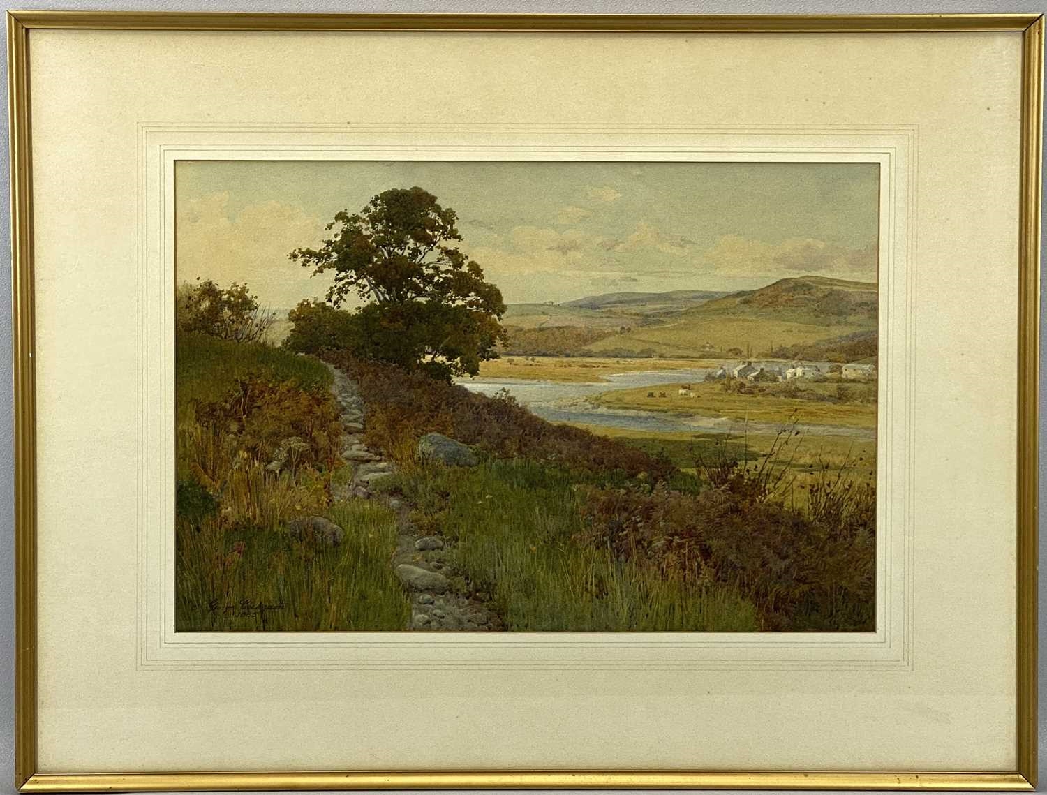 George Cockram | view over estuary with village and cattle in ...